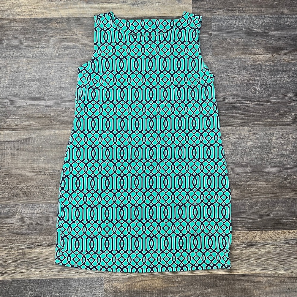 Teal and navy blue geometric design resort wear style dress size 10? B109